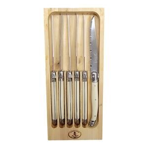 Laguiole Jean Dubost France Steak Knives Set of 6 Ivory Cream Handles Wood Block